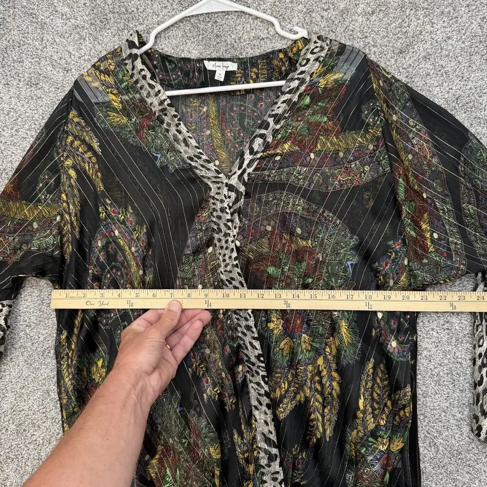 Mirror Image Blouse Womens XL Black Paisley Leopard Bell Sleeve Sheer Boho Top